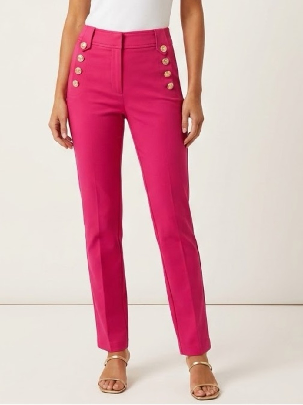 NEW OVI Pink Skinny Pants Sailor Style Button Stretch Waist High Rise SMALL